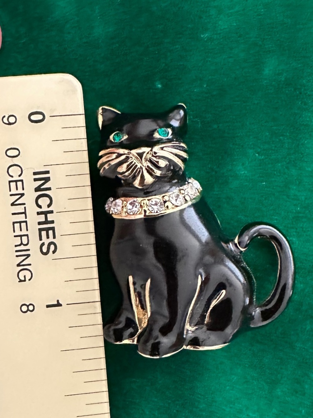 Vintage Monet Black Cat Pin Rhinestone Collar Green Eyes Enamel - Picture 2 of 5
